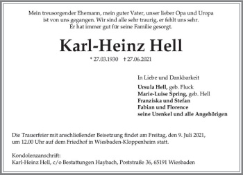 Traueranzeige von Karl-Heinz Hell von vrm-trauer