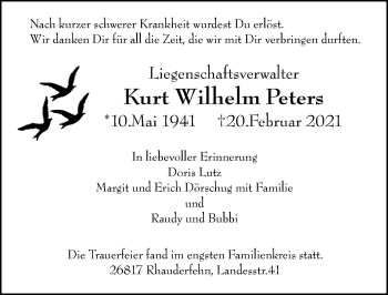 Traueranzeige von Kurt Wilhelm Peters von vrm-trauer