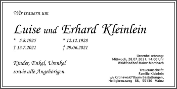 Traueranzeige von Luise Kleinlein von vrm-trauer
