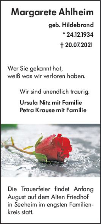 Traueranzeige von Margarete Ahlheim von vrm-trauer