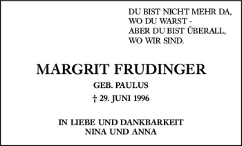 Traueranzeige von Margrit Frudinger von vrm-trauer