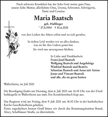 Traueranzeige von Maria Baatsch von vrm-trauer