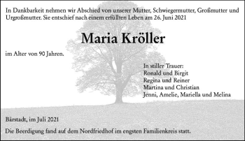 Traueranzeige von Maria Kröller von vrm-trauer