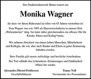 Traueranzeige von Monika Wagner von vrm-trauer