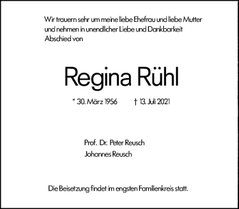 Traueranzeige von Regina Rühl von vrm-trauer