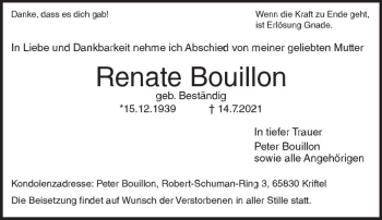 Traueranzeige von Renate Bouillon von vrm-trauer