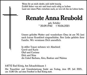 Traueranzeige von Renate Anna Reubold von vrm-trauer