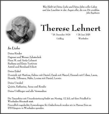 Traueranzeige von Therese Lehnert von vrm-trauer