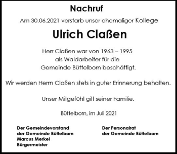 Traueranzeige von Ulrich Claßen von vrm-trauer