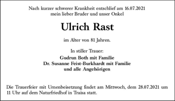 Traueranzeige von Ulrich Rast von vrm-trauer