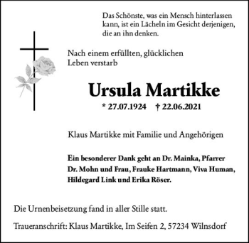 Traueranzeige von Ursula Martikke von vrm-trauer