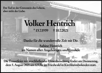 Traueranzeige von Volker Hentrich von vrm-trauer
