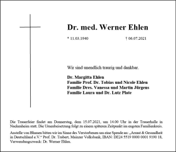 Traueranzeige von Werner Ehlen von vrm-trauer