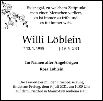Traueranzeige von Willi Löblein von vrm-trauer