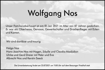 Traueranzeige von Wolfgang Nos von vrm-trauer