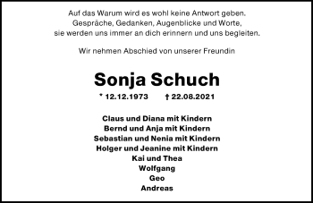 Traueranzeige von Sonja Schuch von VRM Tageszeitungen