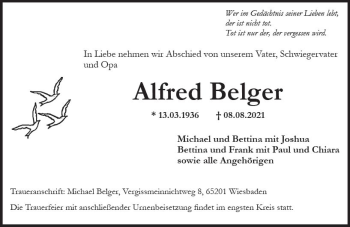 Traueranzeige von Alfred Belger von vrm-trauer
