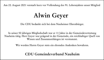 Traueranzeige von Alwin Geyer von vrm-trauer