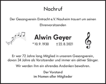 Traueranzeige von Alwin Geyer von vrm-trauer