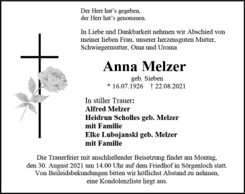 Traueranzeige von Anna Melzer von vrm-trauer