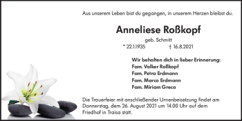 Traueranzeige von Anneliese Roßkopf von vrm-trauer