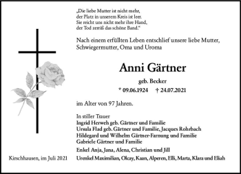 Traueranzeige von Anni Gärtner von vrm-trauer