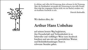 Traueranzeige von Arthur Hans Unbehau von vrm-trauer