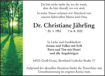 Traueranzeige von Christiane Jährling von vrm-trauer