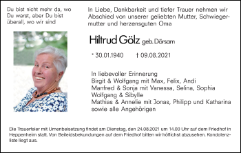 Traueranzeige von Hiltrud Gölz von VRM Tageszeitungen