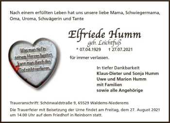 Traueranzeige von Elfriede Humm von vrm-trauer