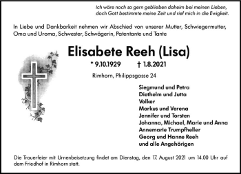 Traueranzeige von Elisabete Reeh von vrm-trauer