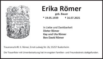 Traueranzeige von Erika Römer von vrm-trauer