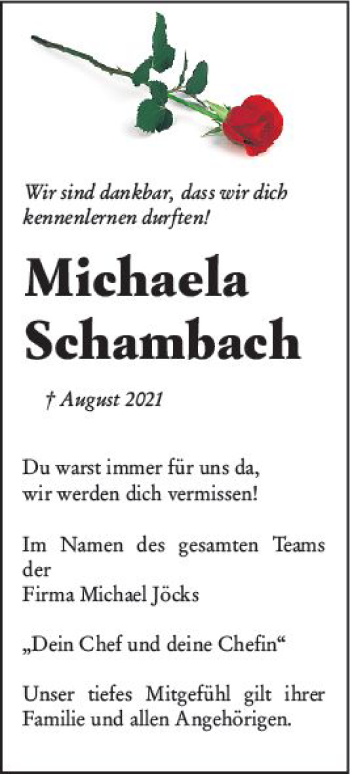 Traueranzeige von Firma Michael Schambach von vrm-trauer