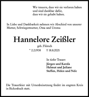 Traueranzeige von Hannelore Zeißler von vrm-trauer