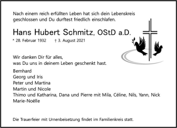 Traueranzeige von Hans Hubert Schmitz von vrm-trauer
