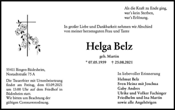 Traueranzeige von Helga Belz von vrm-trauer