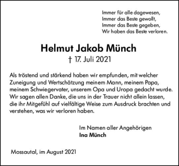 Traueranzeige von Helmut Jakob Münch von vrm-trauer