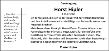 Traueranzeige von Horst Hipler von vrm-trauer