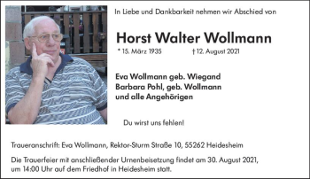 Traueranzeige von Horst Walter Wollmann von vrm-trauer