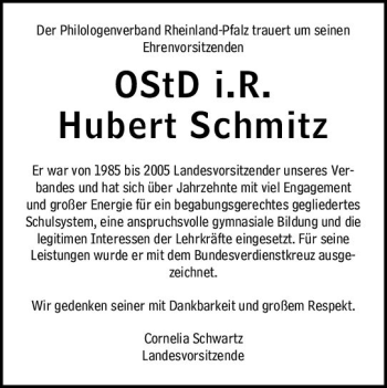 Traueranzeige von Hubert Schmitz von vrm-trauer