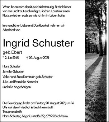 Traueranzeige von Ingrid Schuster von vrm-trauer