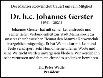 Traueranzeige von Johannes Gerster von vrm-trauer
