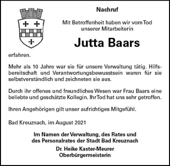 Traueranzeige von Jutta Baars von vrm-trauer