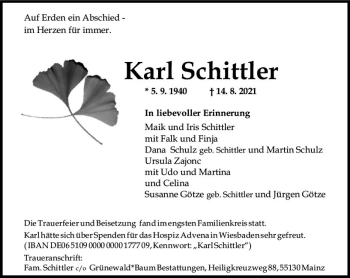 Traueranzeige von Karl Schittler von vrm-trauer