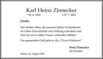 Traueranzeige von Karl Heinz Zinnecker von vrm-trauer
