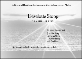 Traueranzeige von Lieselotte Stopp von vrm-trauer
