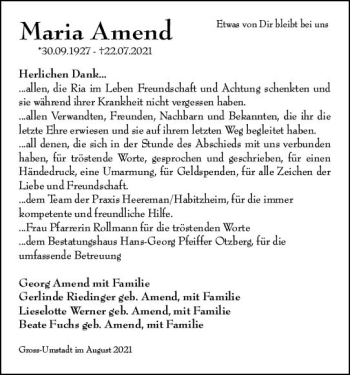 Traueranzeige von Maria Amend von vrm-trauer