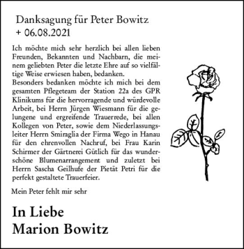 Traueranzeige von Peter Bowitz von vrm-trauer
