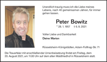 Traueranzeige von Peter Bowitz von vrm-trauer