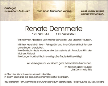 Traueranzeige von Renate Demmerle von vrm-trauer